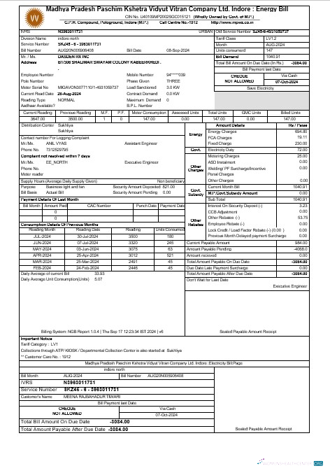 Download INDIA MPWZ business utility bill Word and PDF template Photoshop template